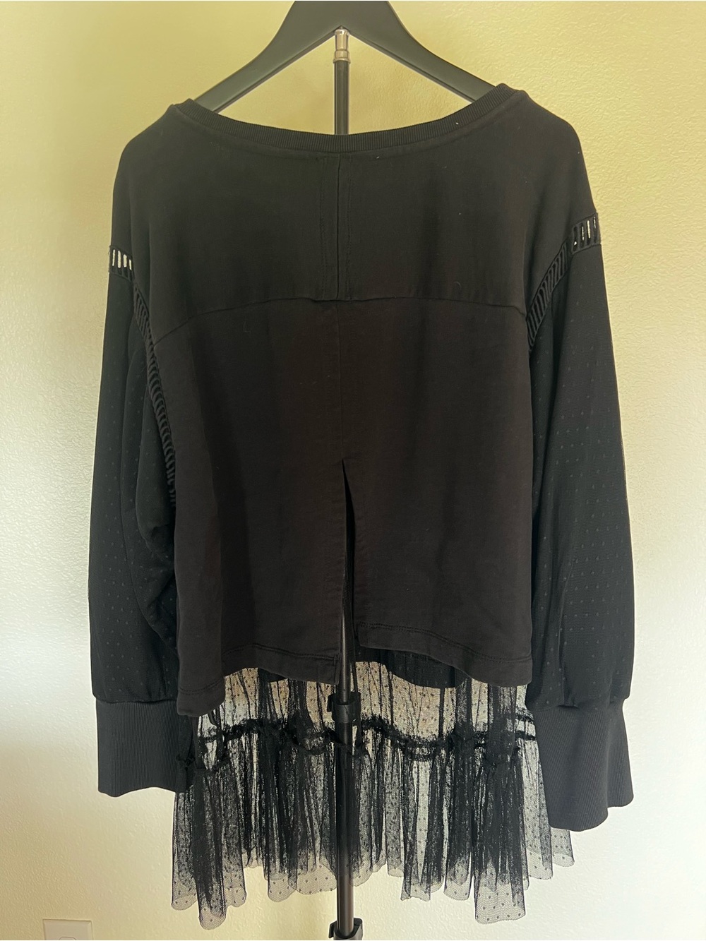 Anthropologie Black Pullover Sweatshirt with Dotted Tulle Hem - Picture 2 of 10